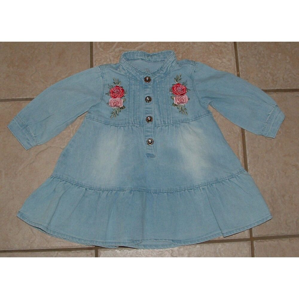 Embroidered Light Denim Sz 12 Months Pintuck Long Sleeve Tiered Dress LIMONADA